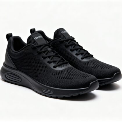 Black UrbanStride Classic Sneakers with breathable fabric and cushioned sole on white background